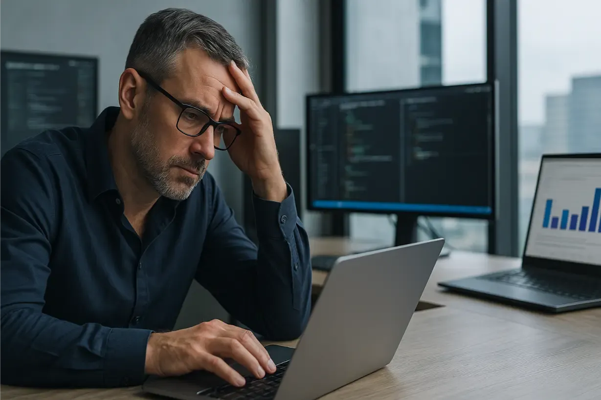 Responsable IT soucieux devant son ordinateur portable