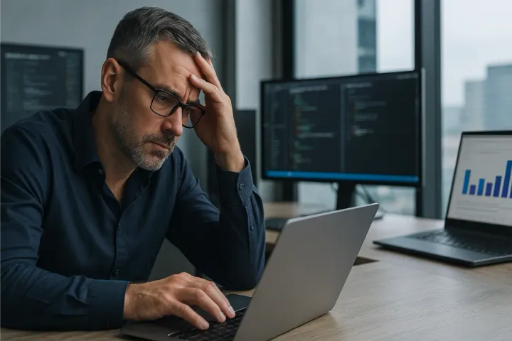 Responsable IT soucieux devant son ordinateur portable