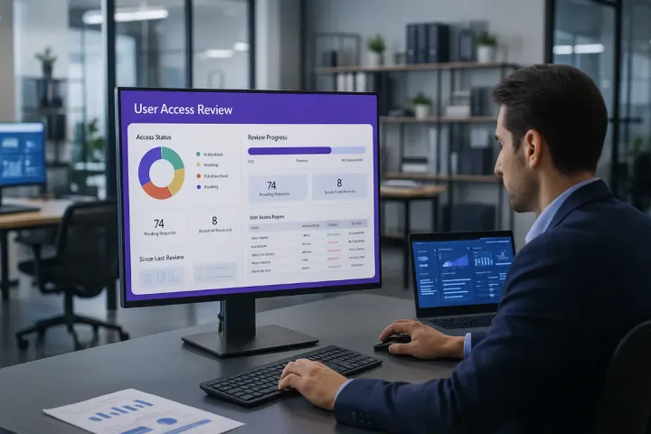 Responsable IT devant un écran de revue des accès utilisateurs