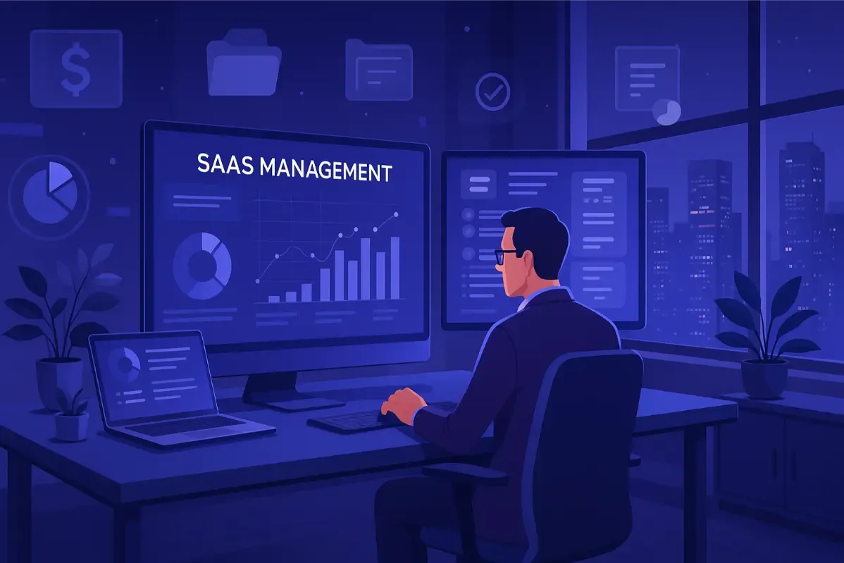 Illustration d’un responsable devant un écran de gestion SaaS