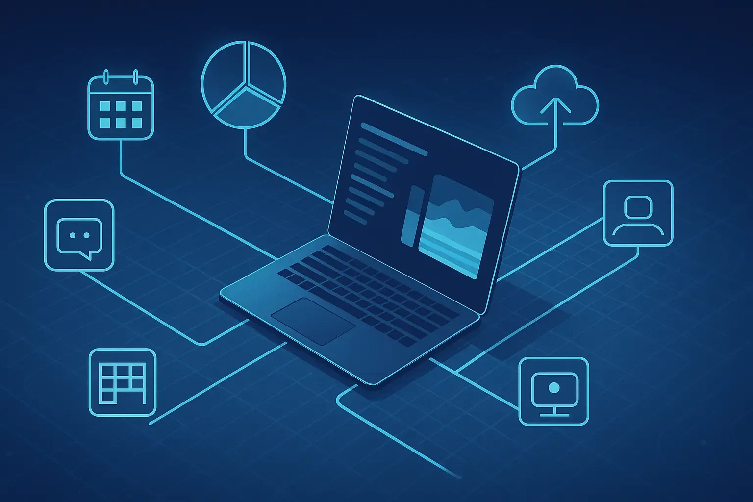 Ordinateur portable relié à des icônes d’applications, de calendrier et de cloud