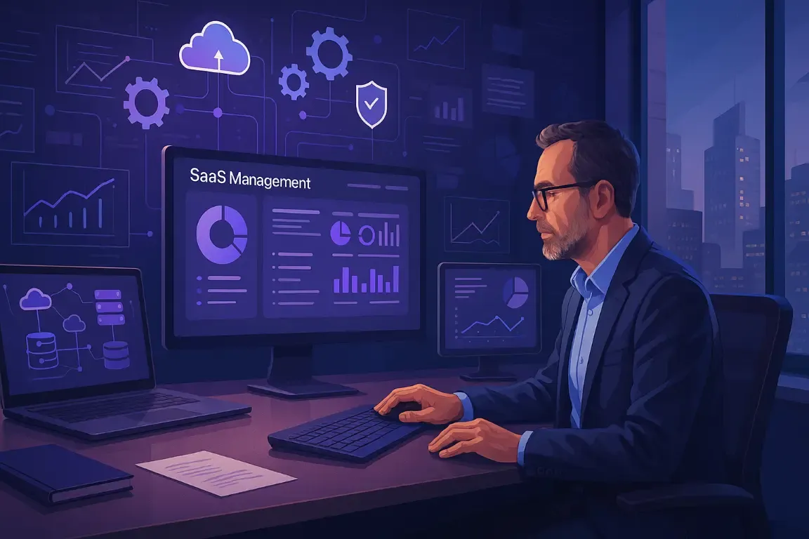 DSI analysant un tableau de bord de gestion SaaS sur son écran