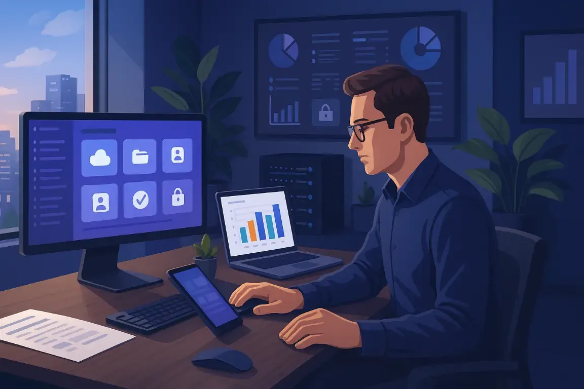 Illustration d’un responsable parcourant un catalogue de logiciels