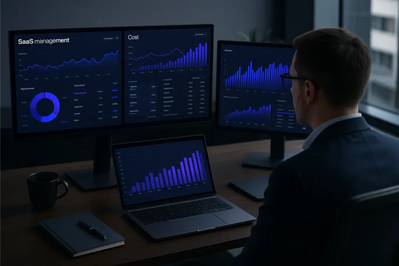 Responsable IT devant des graphiques de coûts logiciels