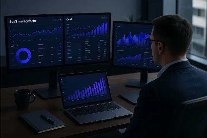 Responsable IT devant des graphiques de coûts logiciels
