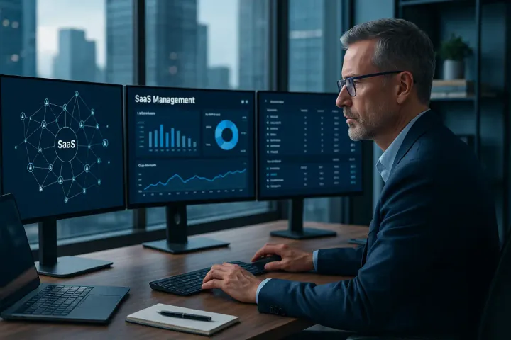 Responsable IT devant plusieurs écrans de gestion SaaS