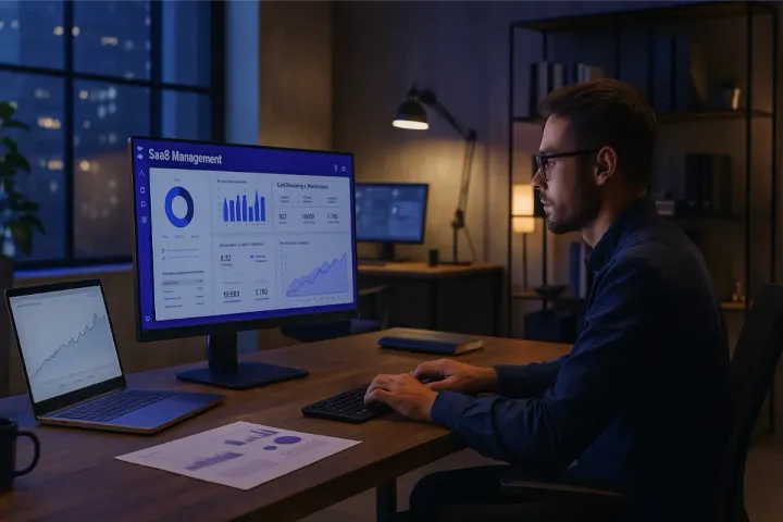 Responsable IT analysant les dépenses SaaS sur ses écrans