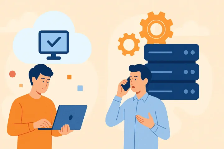 Illustration de deux collaborateurs, un serveur et un ordinateur validé