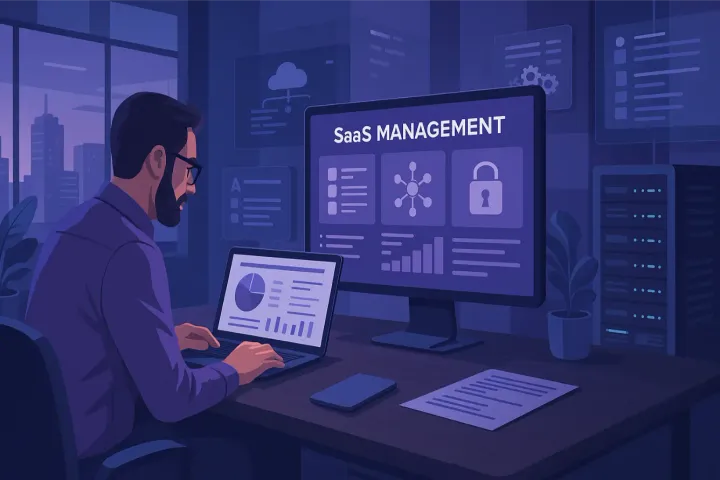 Illustration d’un responsable consultant une plateforme de gestion SaaS