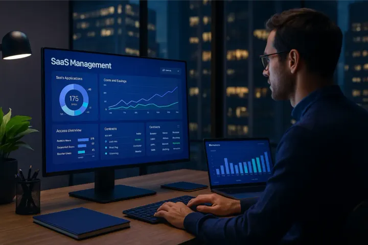 Responsable IT devant un tableau de bord de gestion SaaS