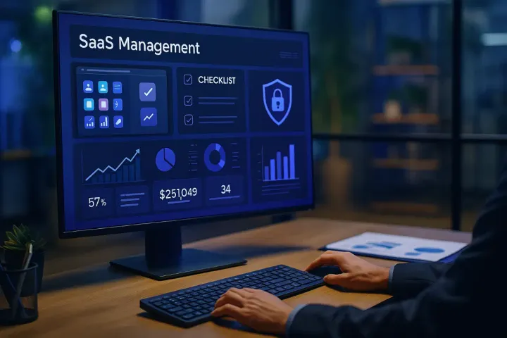 Écran de gestion SaaS avec checklist, coûts et sécurité