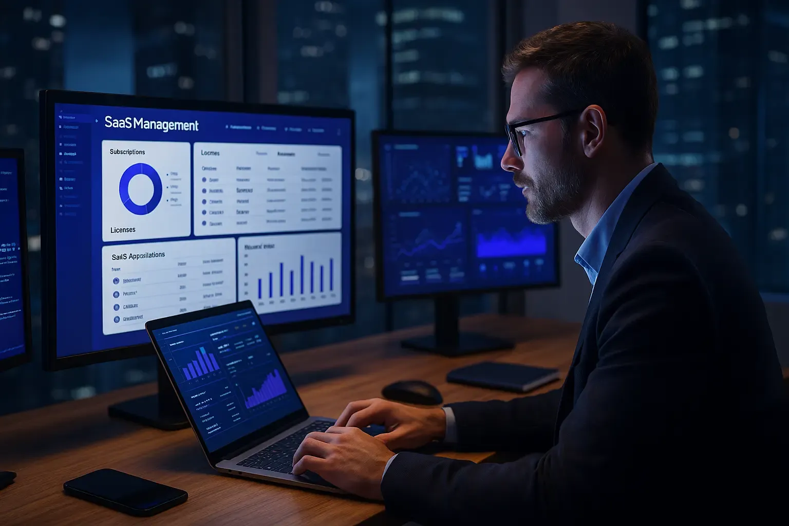Responsable IT suivant les contrats logiciels sur plusieurs écrans