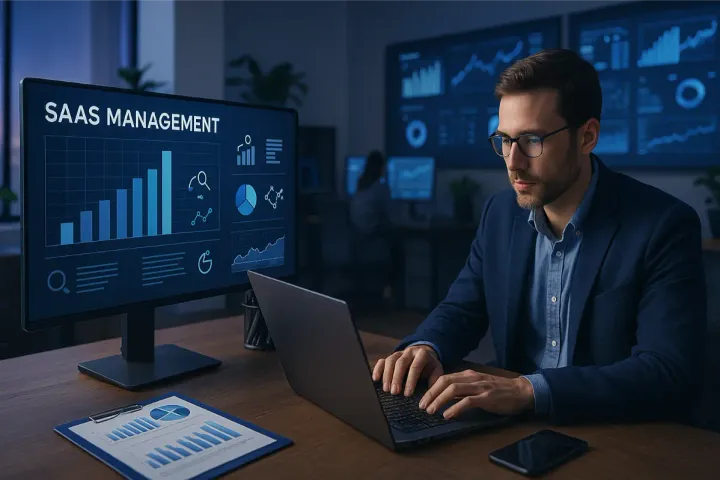 Responsable IT devant un tableau de bord de gestion SaaS