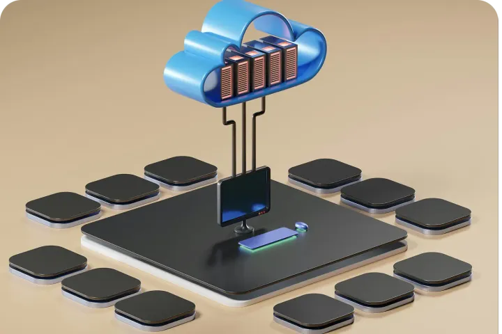 Illustration d’un cloud relié à un ensemble de postes de travail
