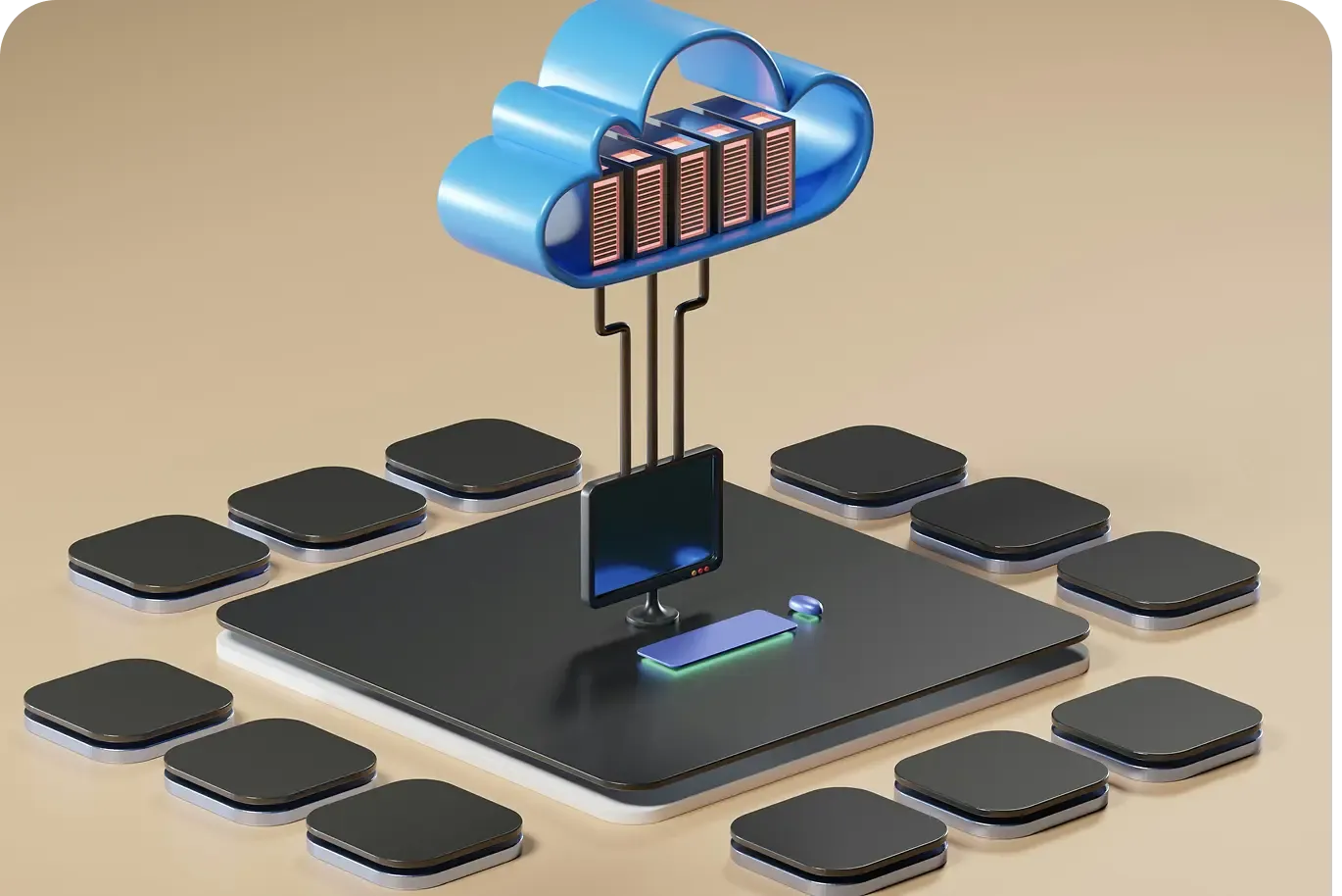 Illustration d’un cloud relié à un ensemble de postes de travail