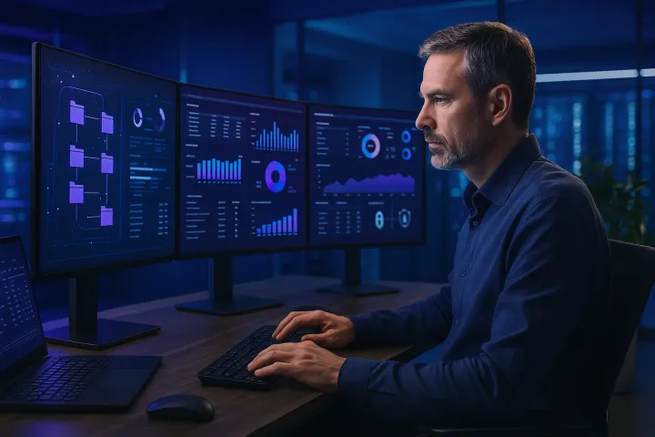 Responsable IT devant plusieurs écrans d’applications et de licences