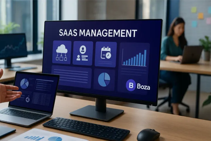 Écran de gestion SaaS Boza dans un bureau