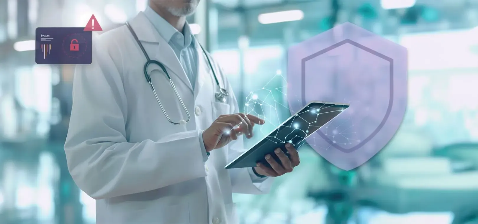 Médecin utilisant une tablette, avec un bouclier de protection des données