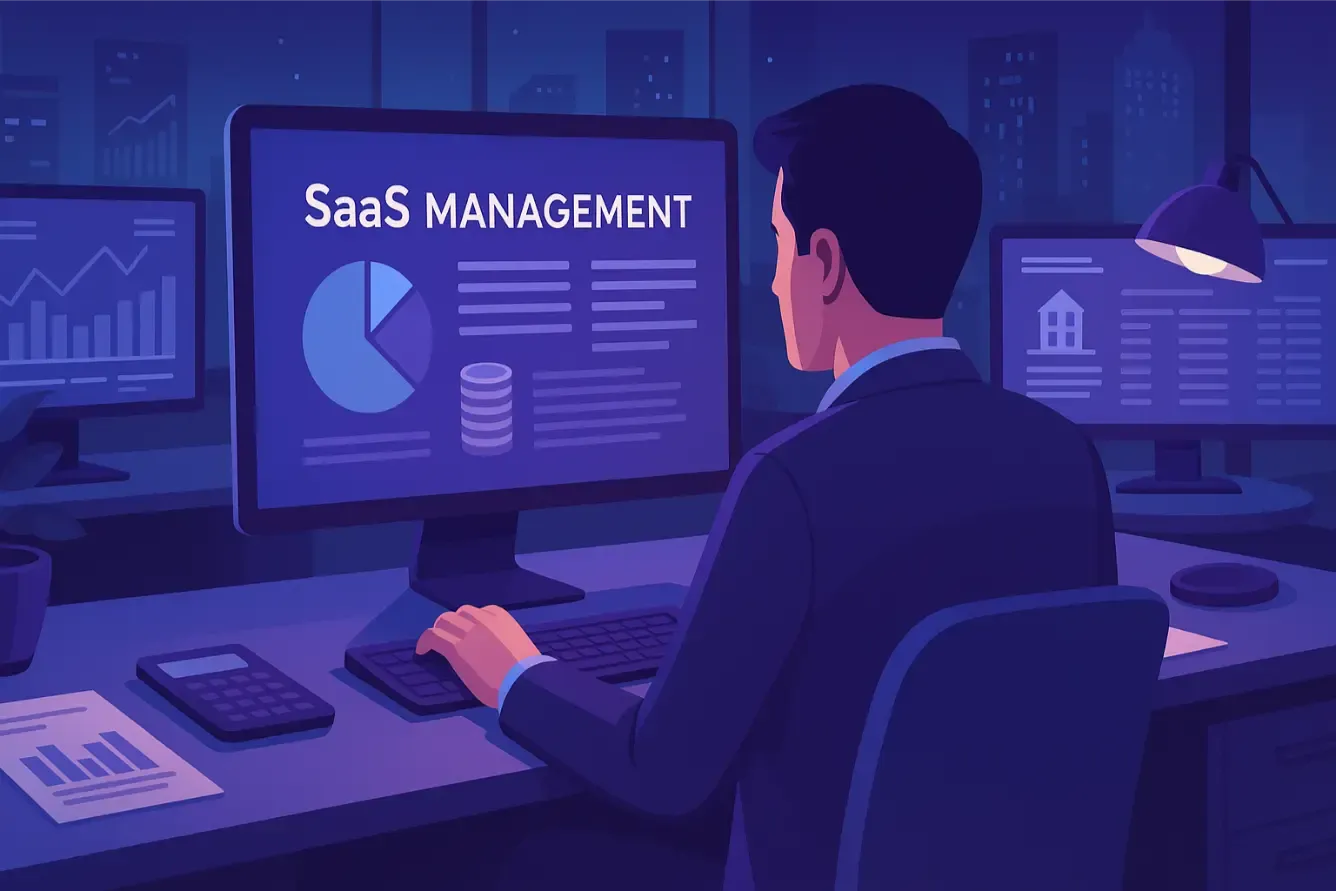 Illustration d’un responsable suivant les coûts sur un écran de gestion SaaS