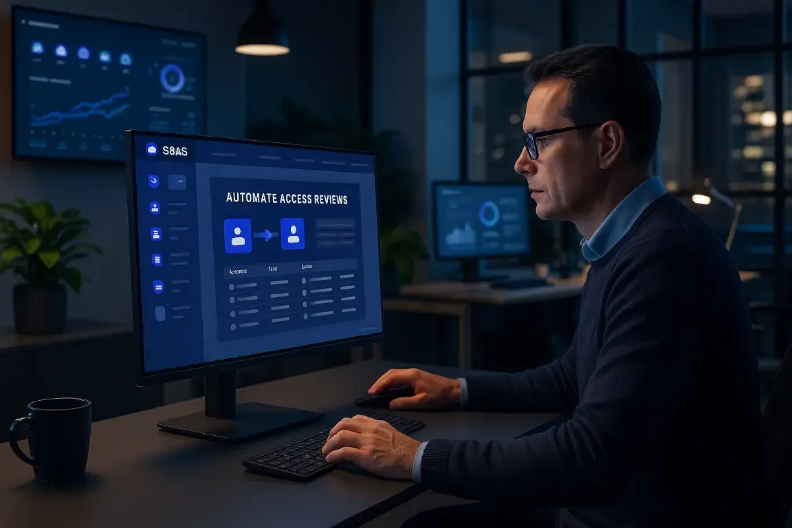 Responsable IT devant un écran d’automatisation des revues d’accès