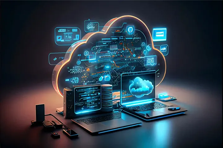 Illustration d’un ordinateur portable relié à un cloud d’applications d’entreprise