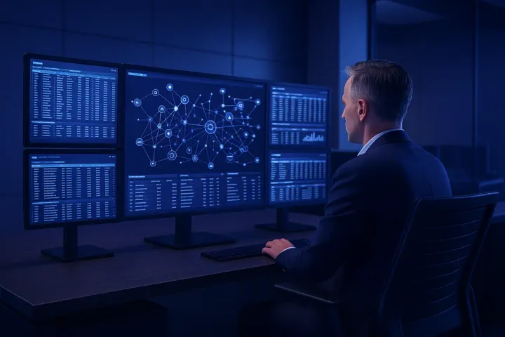 Responsable IT devant plusieurs écrans affichant une cartographie applicative