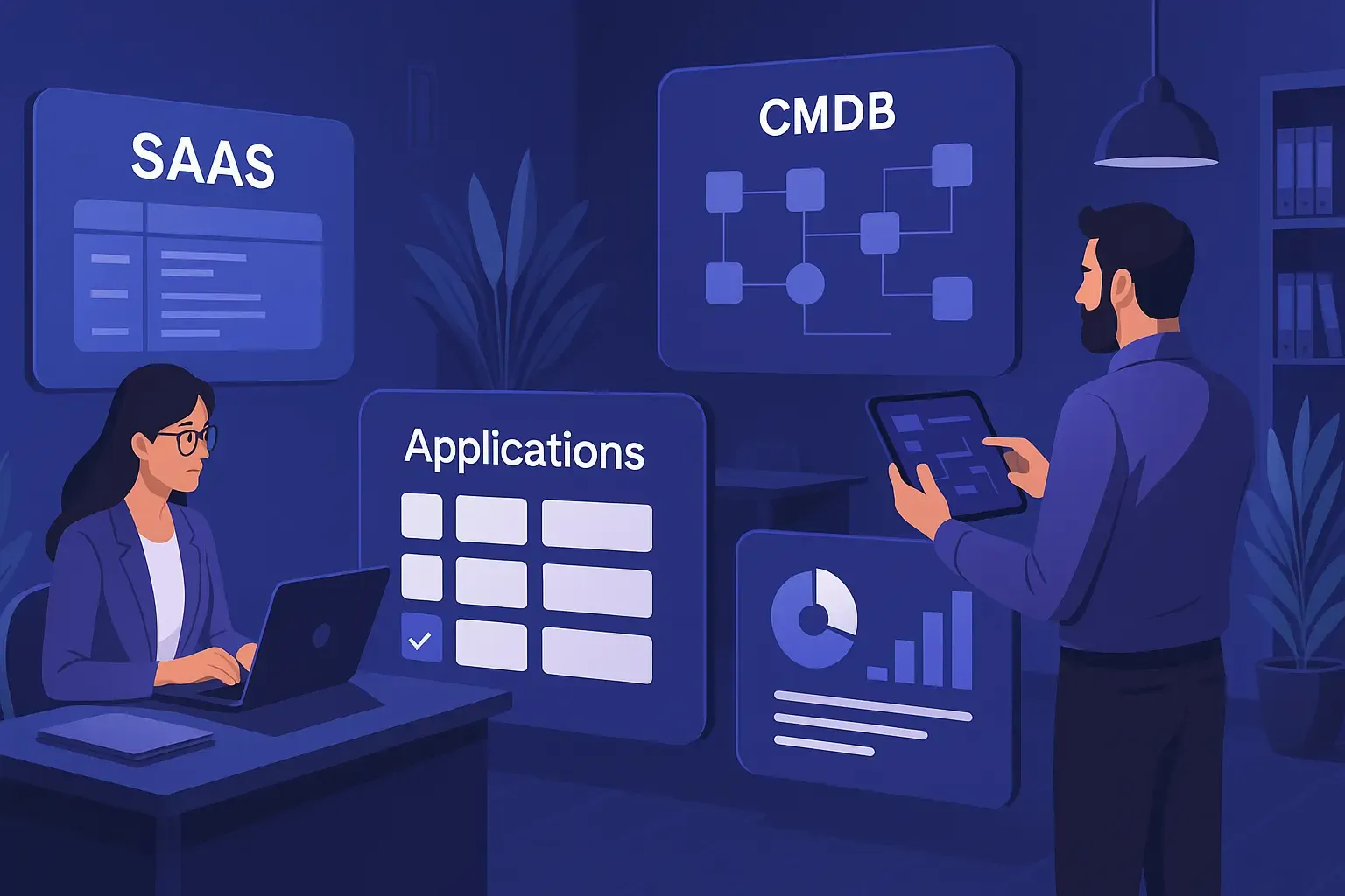 Illustration comparant la vue SaaS, la CMDB et la liste des applications