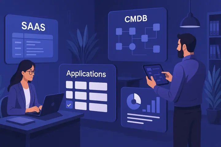 Illustration comparant la vue SaaS, la CMDB et la liste des applications