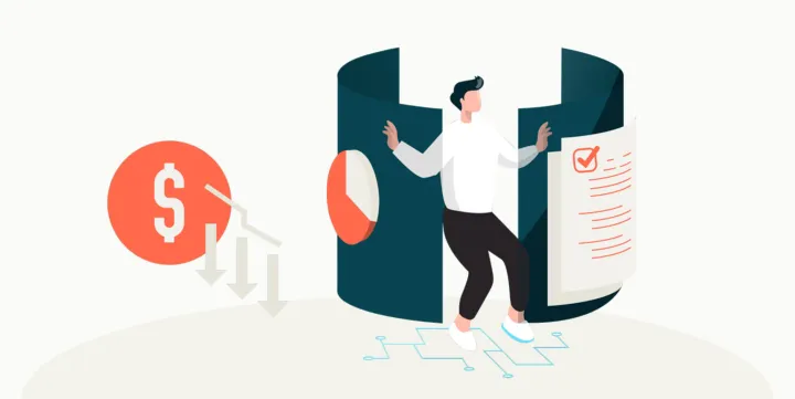 Illustration of cost reduction: a falling dollar sign and a person with a checklist