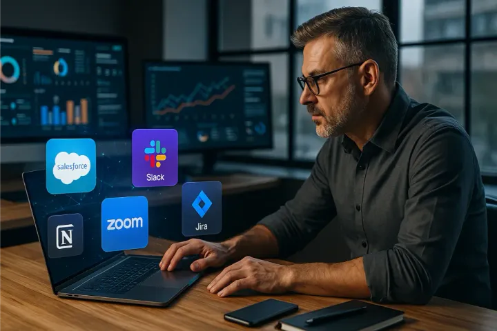 Responsable IT entouré des logos d’applications SaaS sur son ordinateur