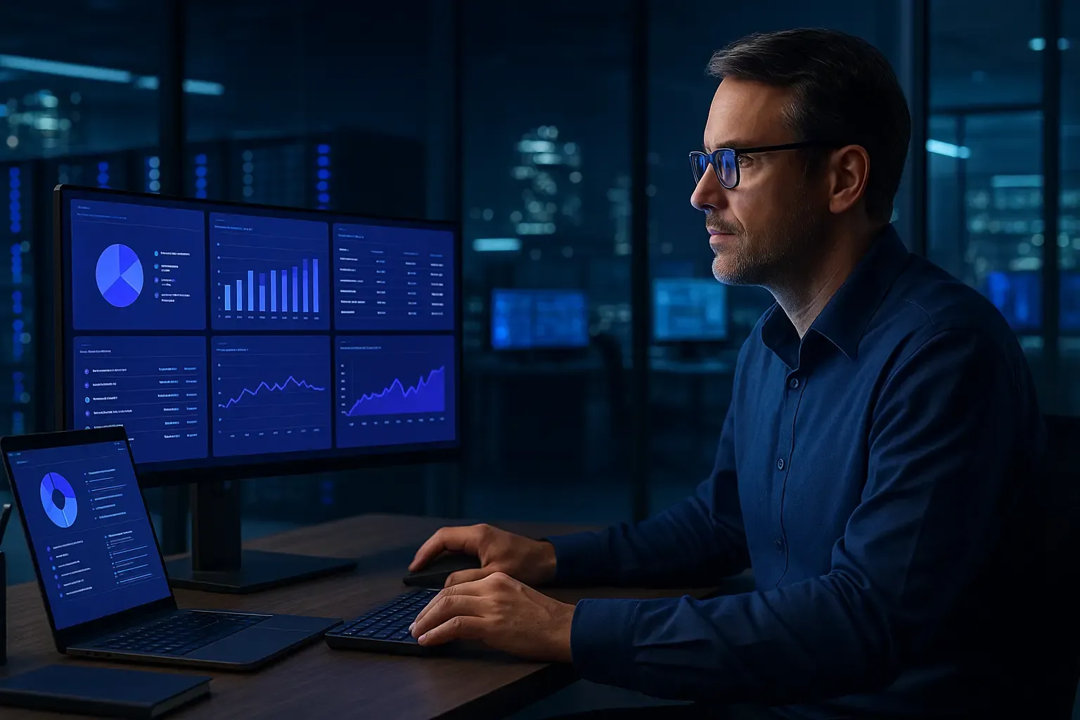 Responsable IT analysant des tableaux de bord de licences sur plusieurs écrans
