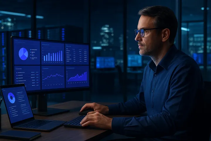 Responsable IT analysant des tableaux de bord de licences sur plusieurs écrans
