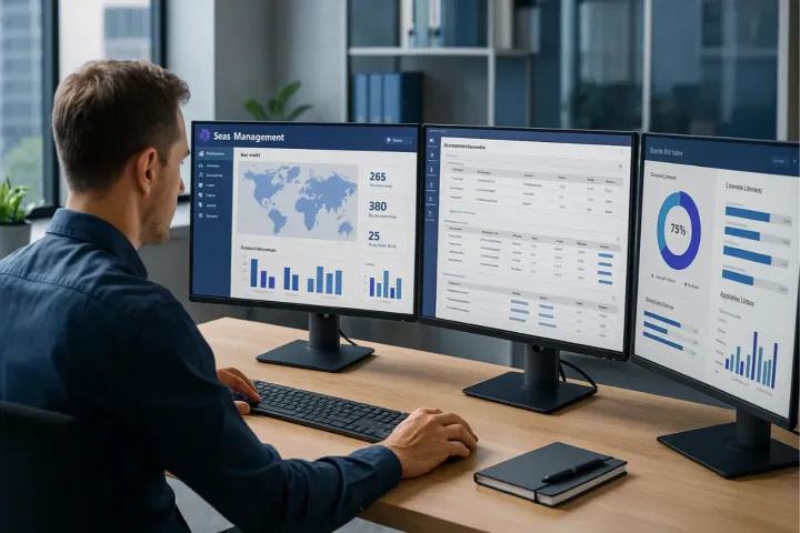 Responsable IT devant plusieurs écrans de gestion SaaS