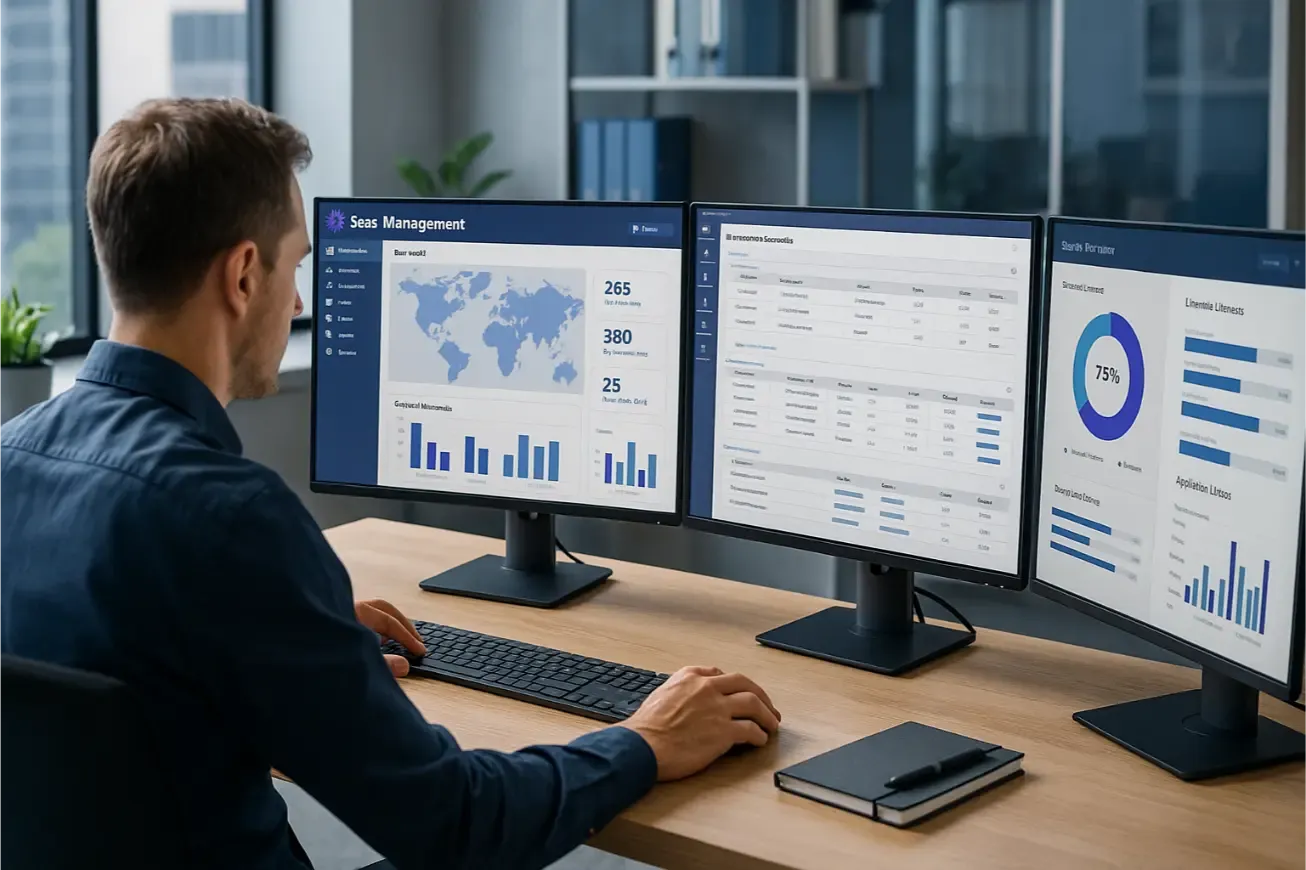 Responsable IT devant plusieurs écrans de gestion SaaS